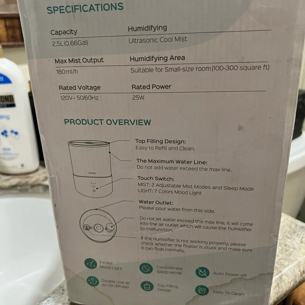 Homasy White 7 Color Mood Light Humidifier & Oil Diffuser. New See Pictures